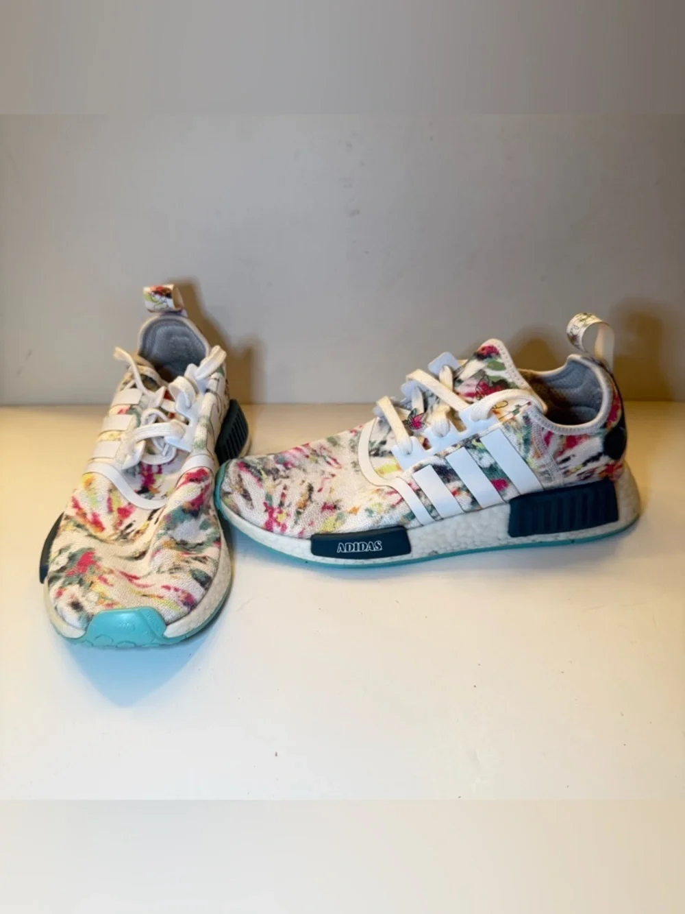 adidas Women's Floral Knit White Sneakers with Teal Soles